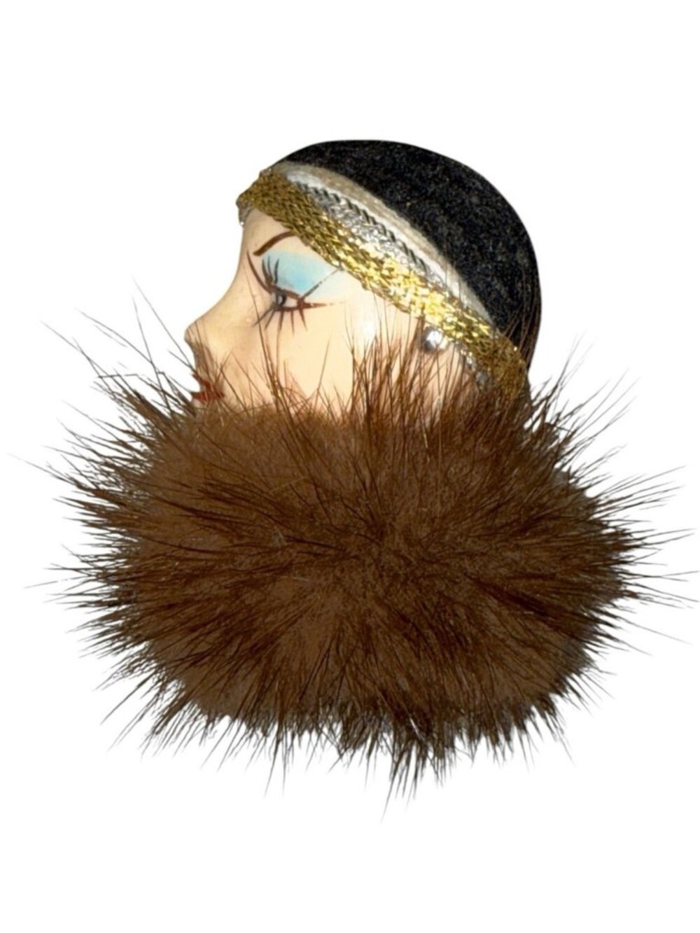 Vintage Art Deco Profile Lady Face Fur Hat Fancy Brooch Pin Black Hat 2.5'
